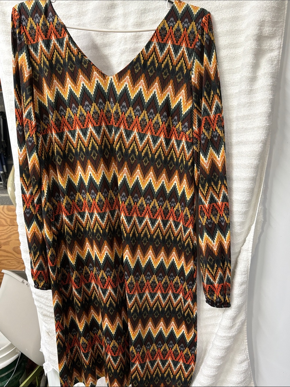 Emma & Michele Chevron Midi Dress in Black, Brown, Orange and Yellow